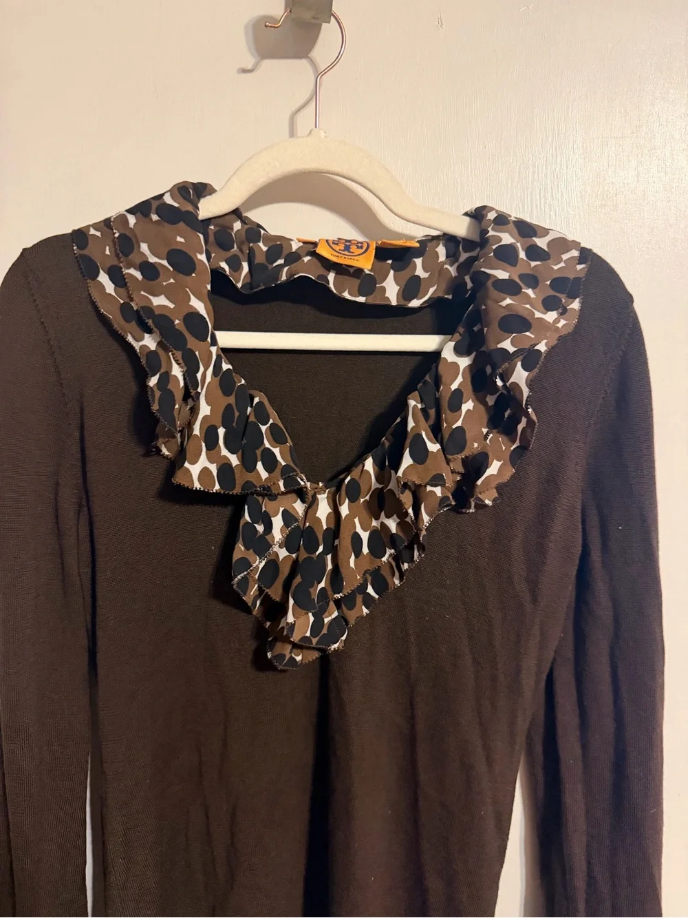 Tory Burch Ruffle Neck Sweater M Brown Merino Wool Silk Animal Print Cuffs